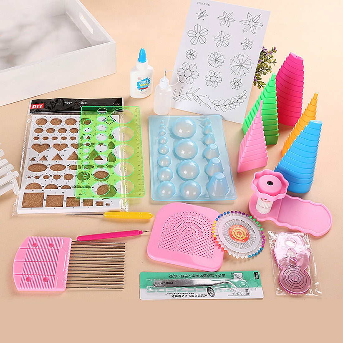 Arts And More Monochrome Paper Craft Kit with templates, glue, stacking cones, and crafting tools